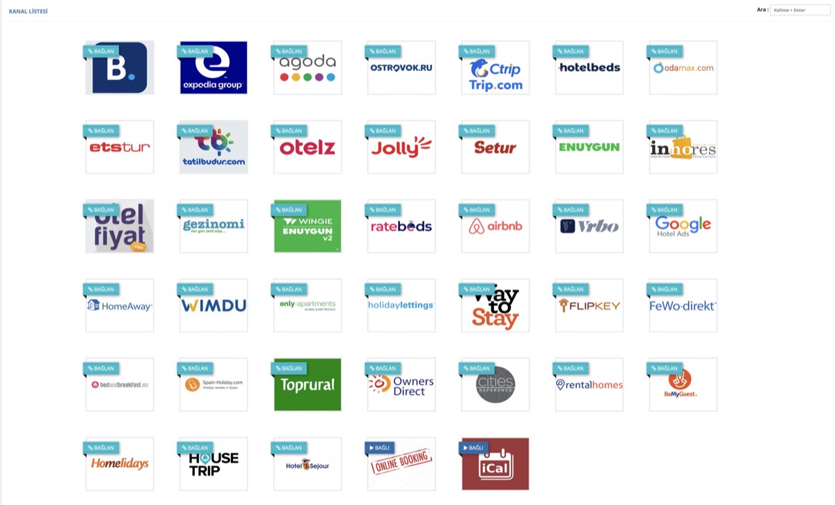 HMS kanal listesi: Booking.com, Expedia, Agoda, Ctrip, Hotelbeds, Odamax, ETS Tur, Tatilbudur, Otelz, Jolly, Setur, Enuygun, Airbnb, Vrbo, Google Hotel Ads ve diğer kanallar için Bağlan butonları
