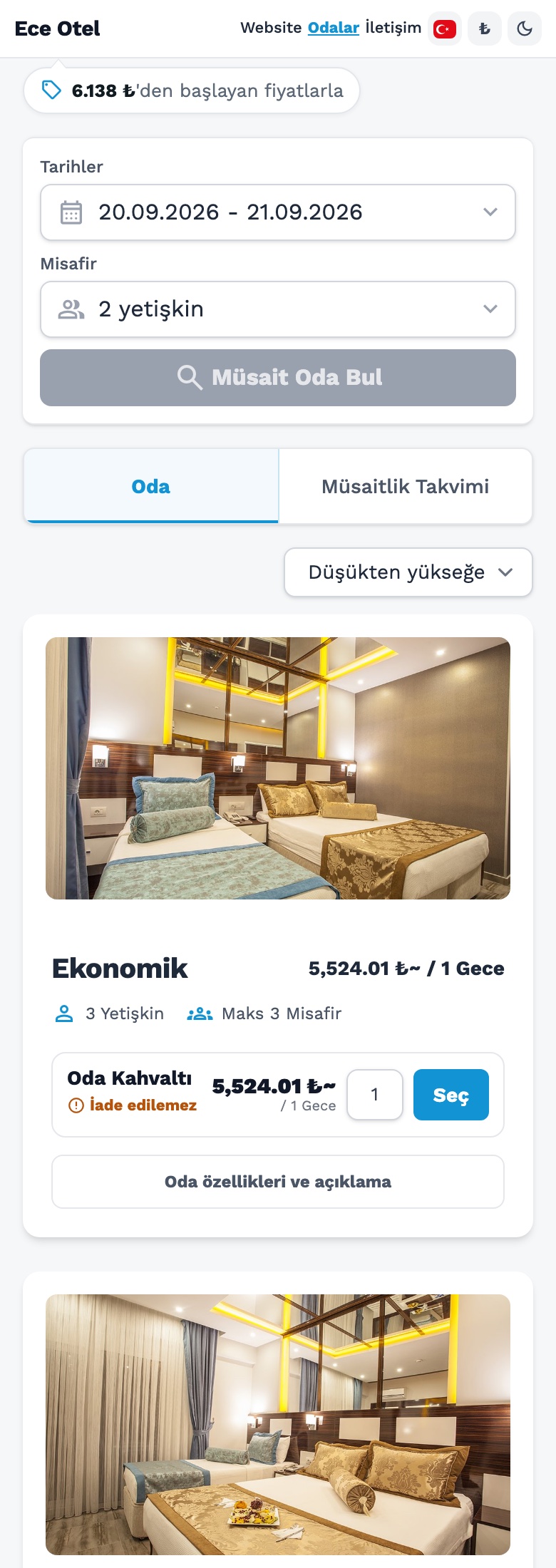 HMS online rezervasyon sayfasının mobil görünümü
