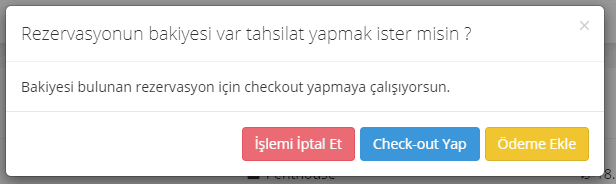 Check-out onay penceresi: tamamla, iptal veya ödeme ekle seçenekleri